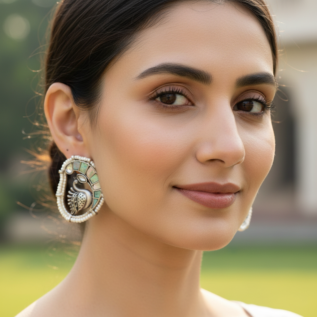Sangeeta Boochra Classic Peacock Motif Silver Earrings