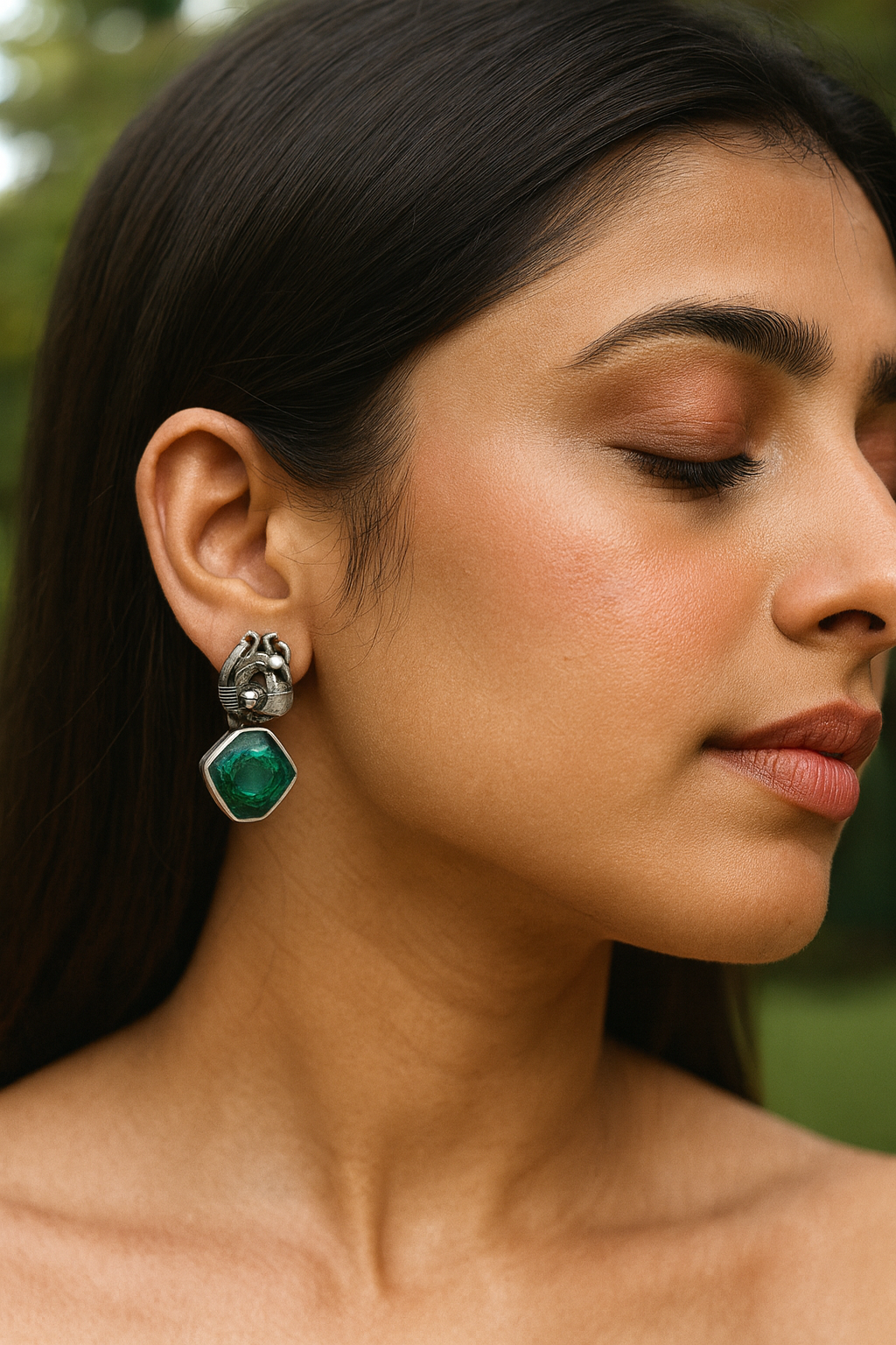 Handcrafted Oxidized Silver Earrings with Green Stone – Sangeeta Boochra