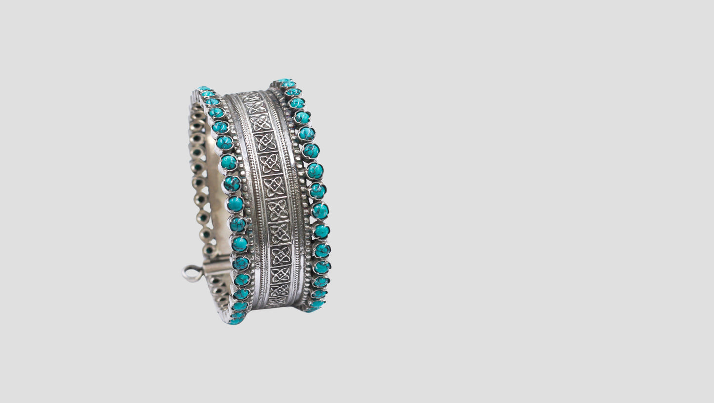 Handcrafted Silver Bangle with turquoise stone Detailing by Sangeeta Boochra