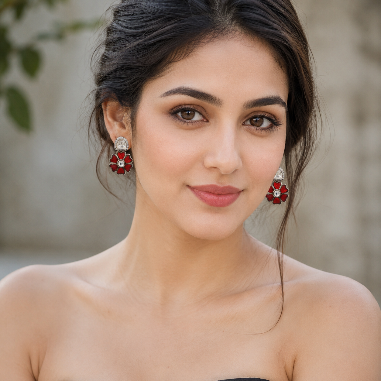Sangeeta Boochra Sterling Silver Moissanite & Red Kundan Statement Earrings