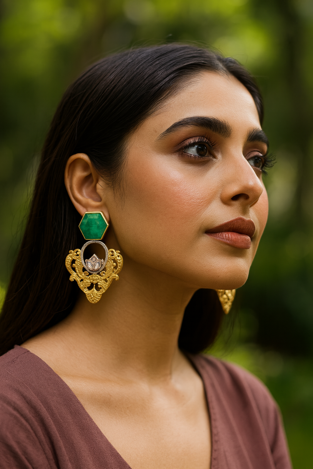 Sangeeta Boochra Antique Silver & Gold-Tone Earrings with Green Stone