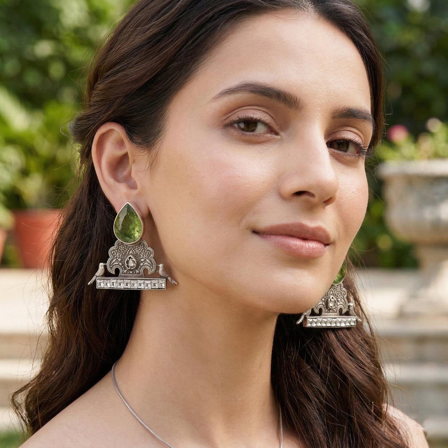 Sangeeta Boochra Handcrafted Oxidised Silver Earrings with Green Gemstone