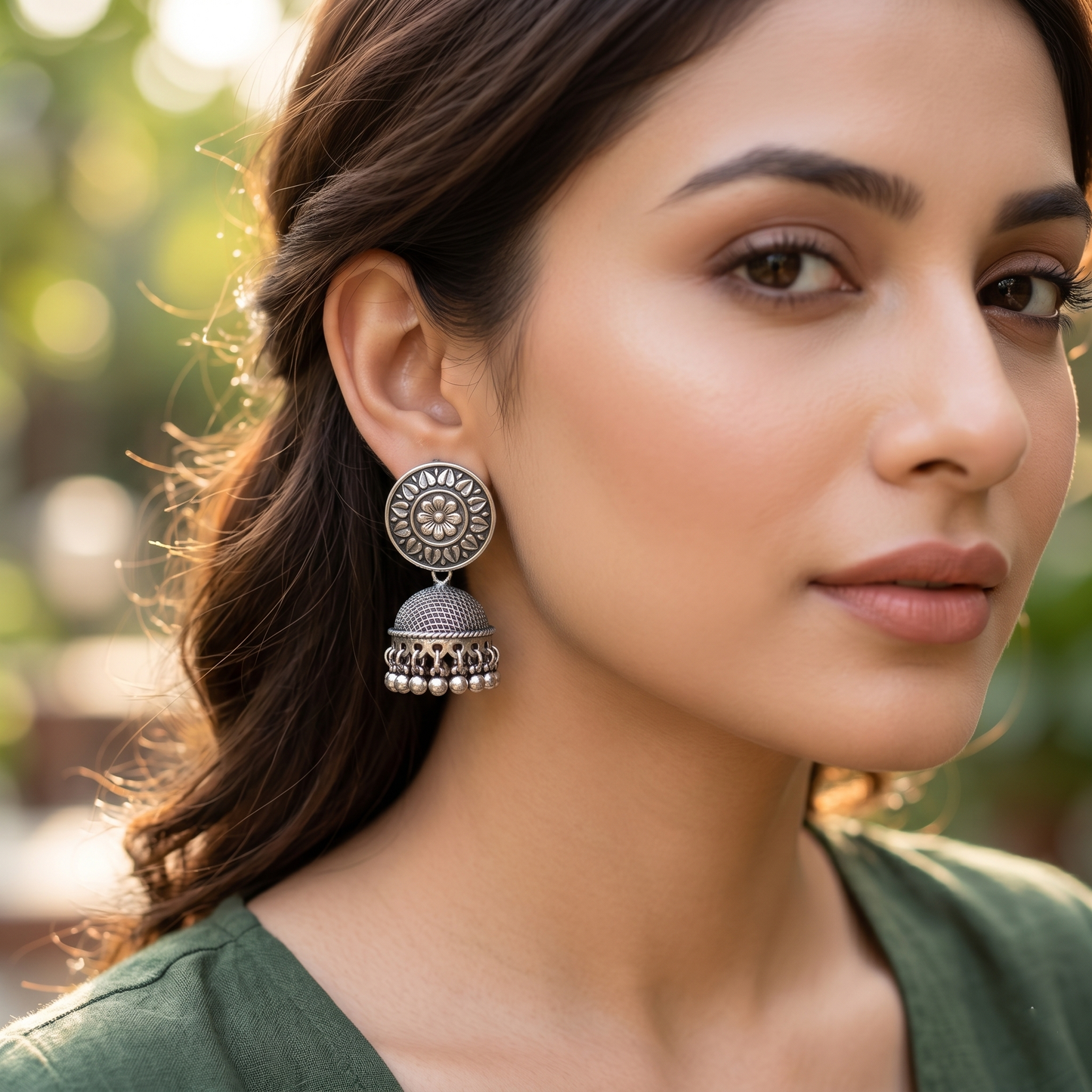 Ethnic Flower Motif Silver Jhumkas by Sangeeta Boochra
