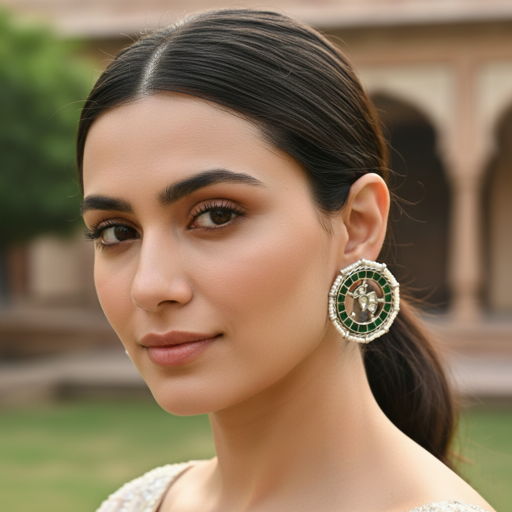 Sangeeta Boochra Signature Green Kundan Silver Stud Earrings