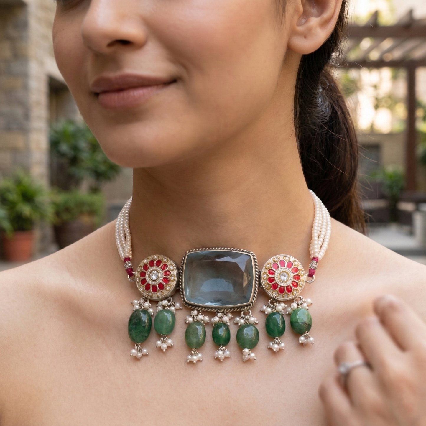 Sangeeta Boochra Artisan Silver Choker with Blue Stone and Pearl Strands