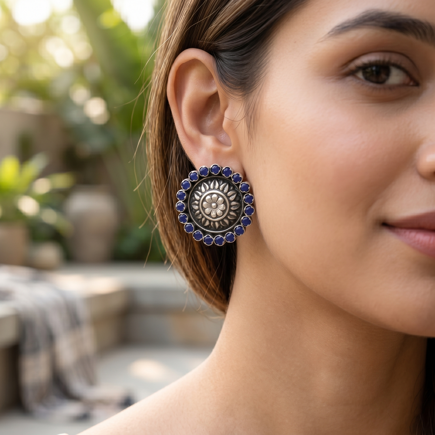 Sangeeta Boochra Statement Floral Oxidised Stud Earrings with Lapis Stones