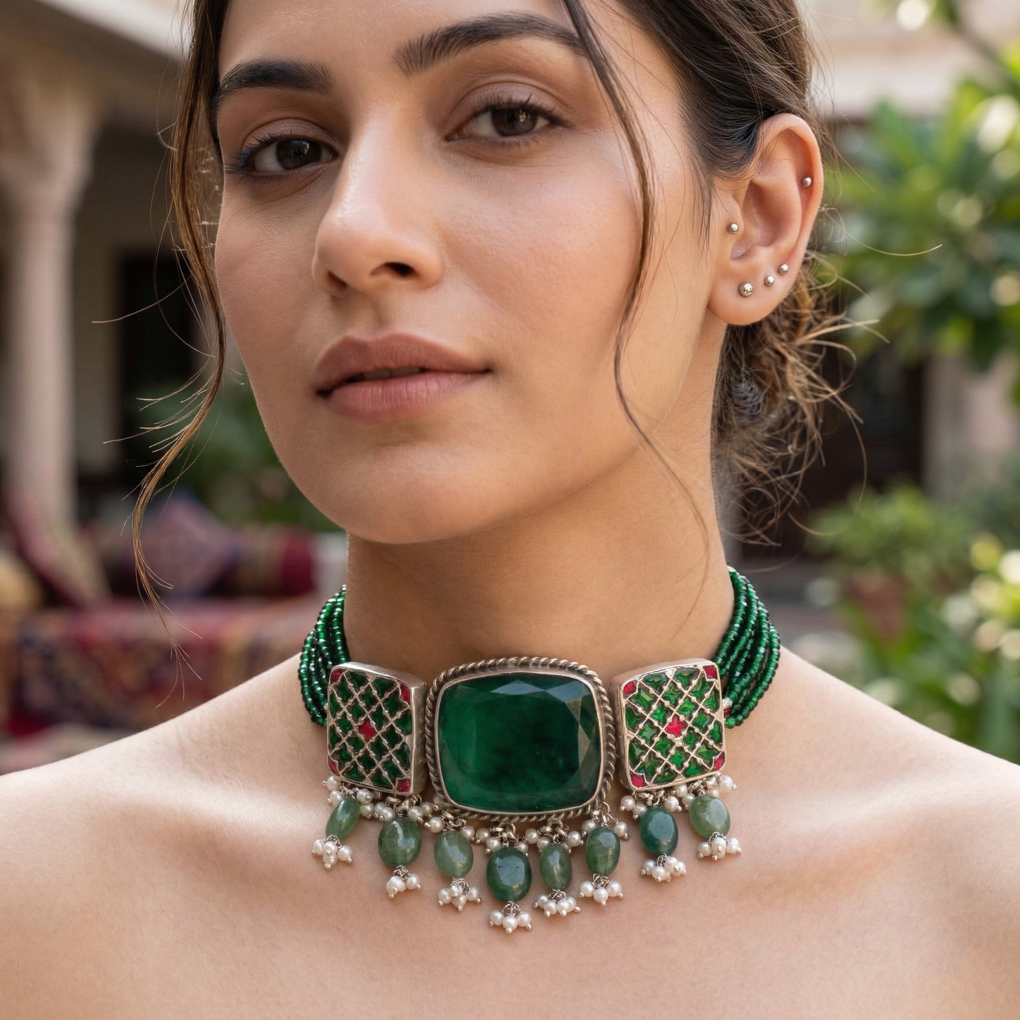 Sangeeta Boochra Handcrafted Green Bead Silver Statement Choker