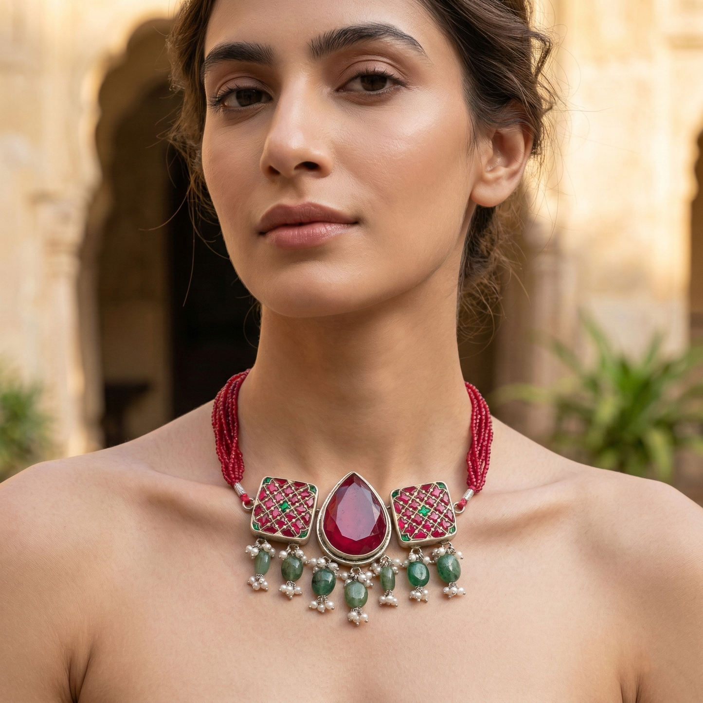 Sangeeta Boochra Festive Red Bead Silver Statement Choker