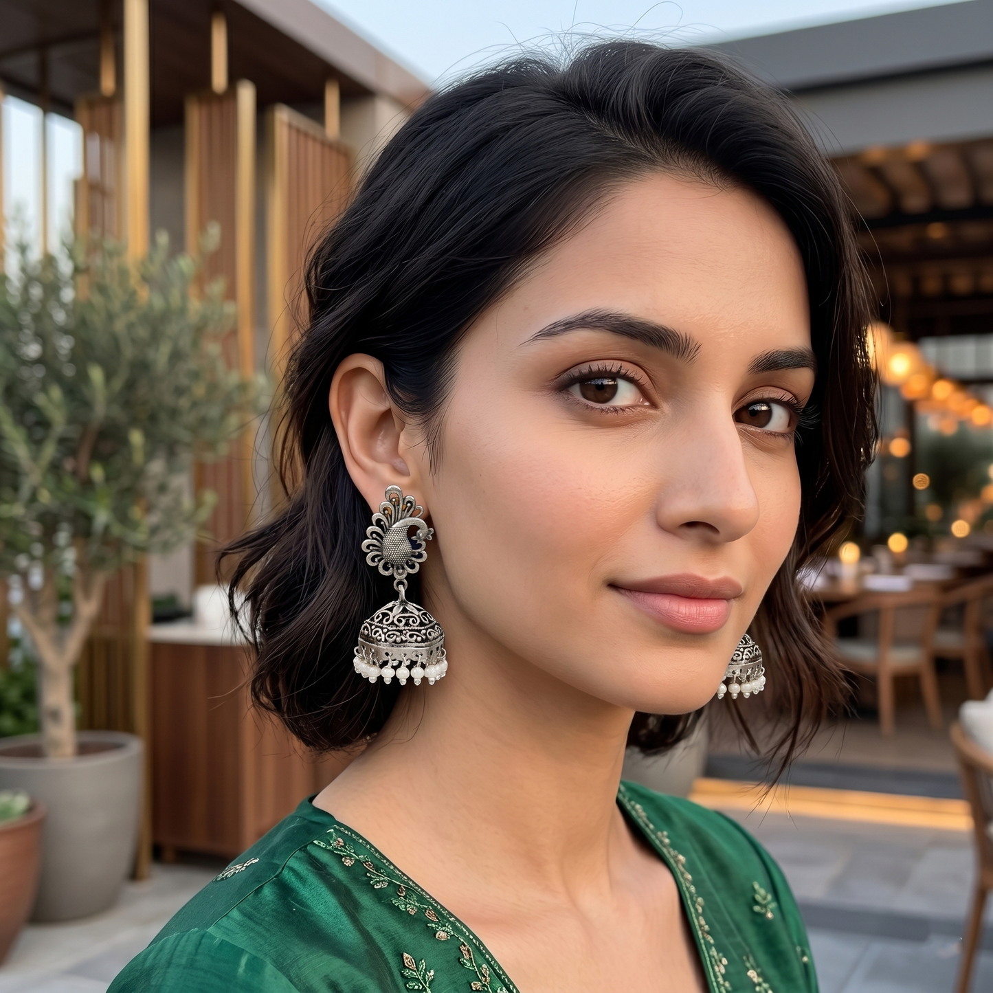 Sangeeta Boochra Peacock Motif Silver Jhumka Earrings