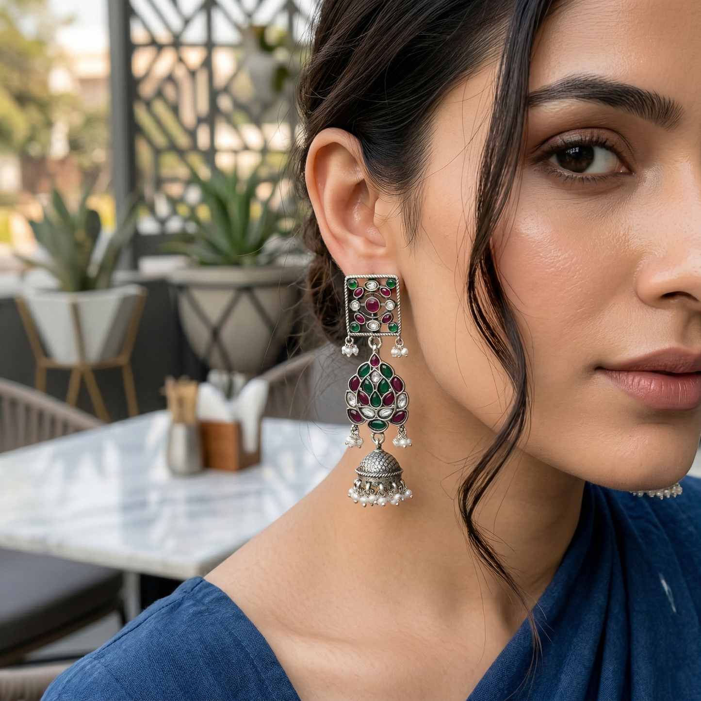 Sangeeta Boochra Heritage Kundan Silver Drop Earrings in Green & Ruby Tones
