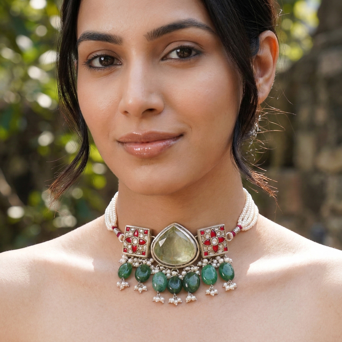 Sangeeta Boochra Artisan Silver Choker with Pearl Strands and Green Drops