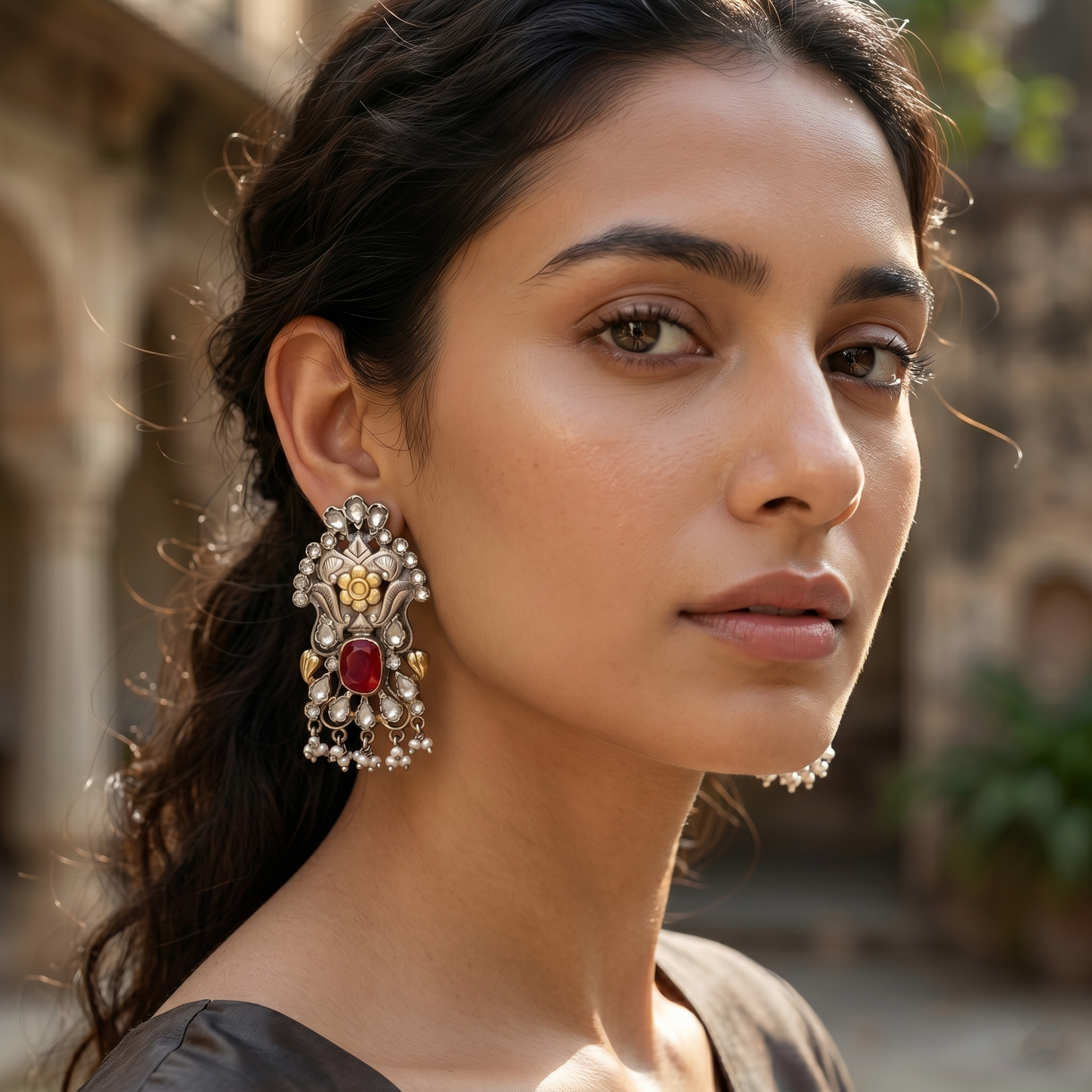 Sangeeta Boochra Floral Dual Tone Silver Earrings