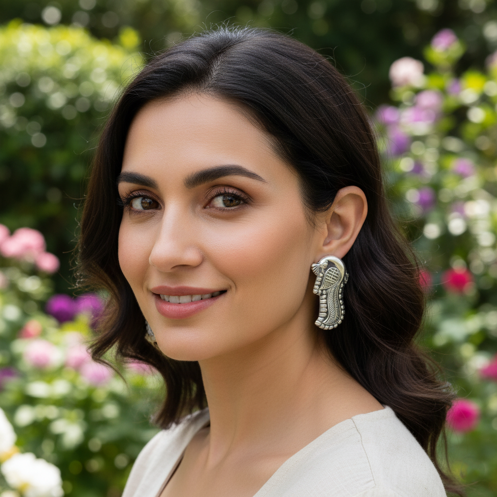 Sangeeta Boochra Handcrafted Ornate Silver Peacock Motif Stud Earrings