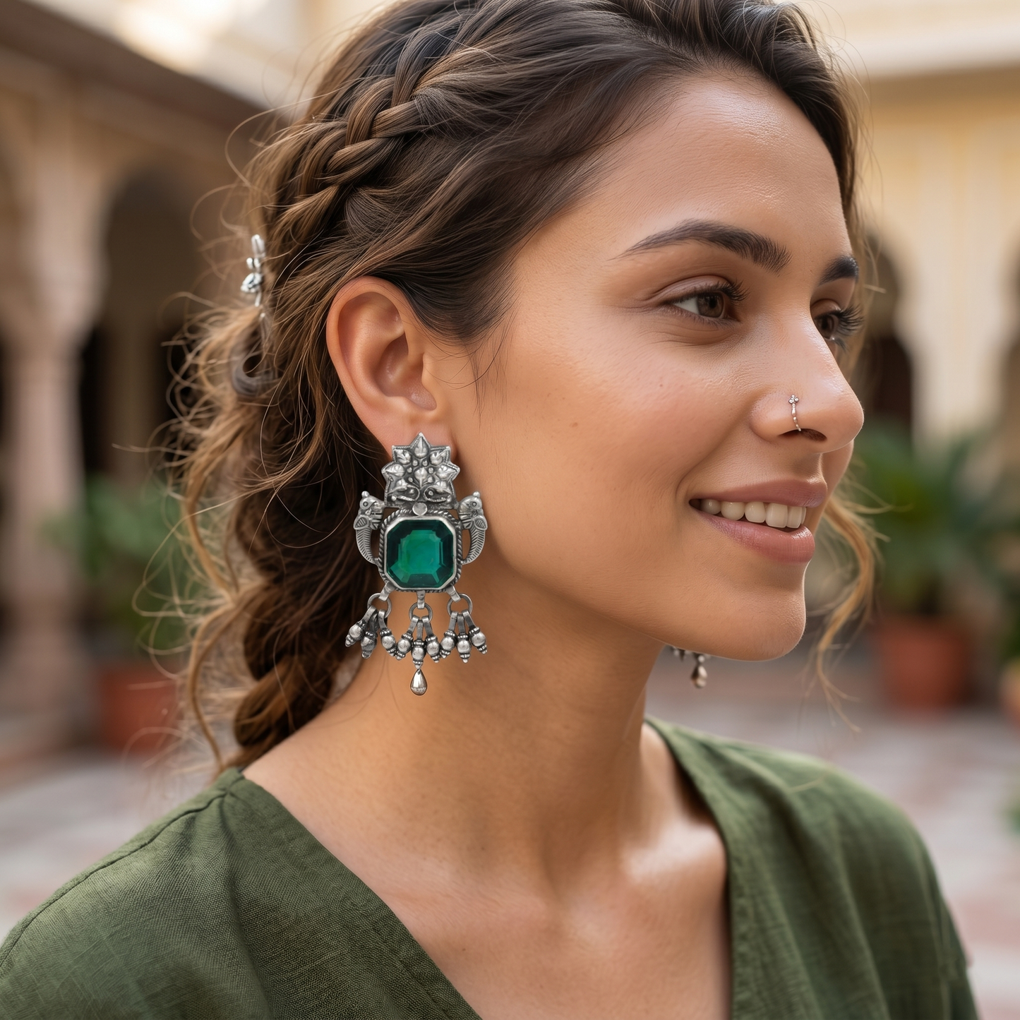 Sangeeta Boochra Handcrafted Oxidised Silver Peacock Motif Earrings