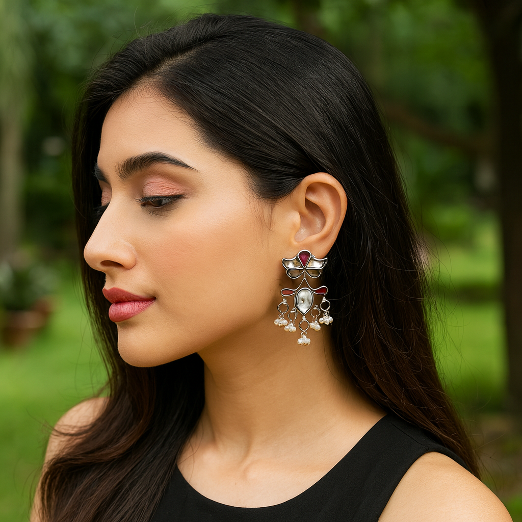 Sangeeta Boochra Handcrafted Silver Earrings with Pearl Drops