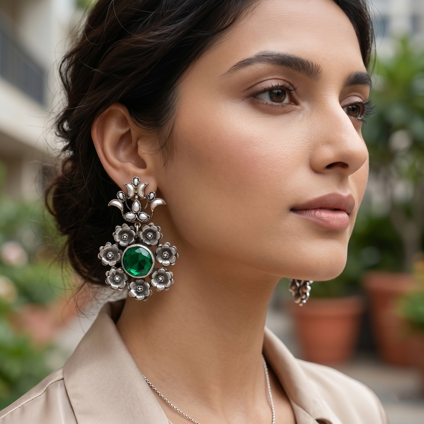 Sangeeta Boochra Floral Statement Silver Danglers