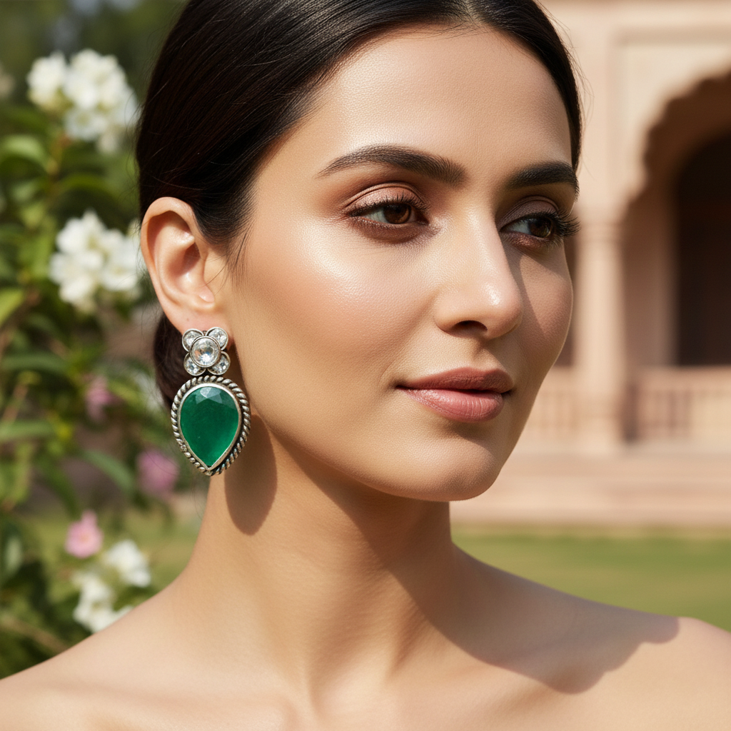 Sangeeta Boochra Artisan Silver Floral Green Statement Earrings