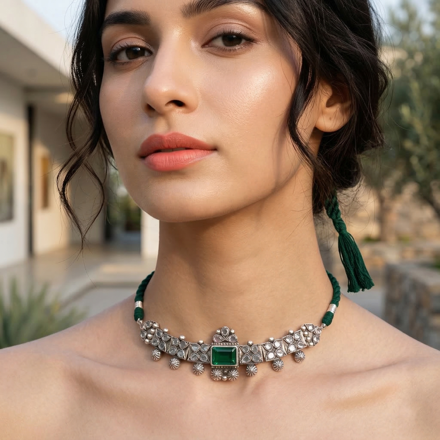 Sangeeta Boochra Handcrafted Oxidised Silver Choker with Green Stone Accent