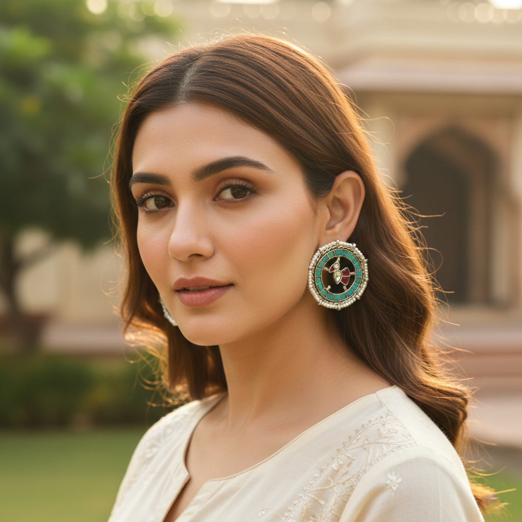 Sangeeta Boochra Tribal Circular Silver Earrings with Turquoise & Red Stone