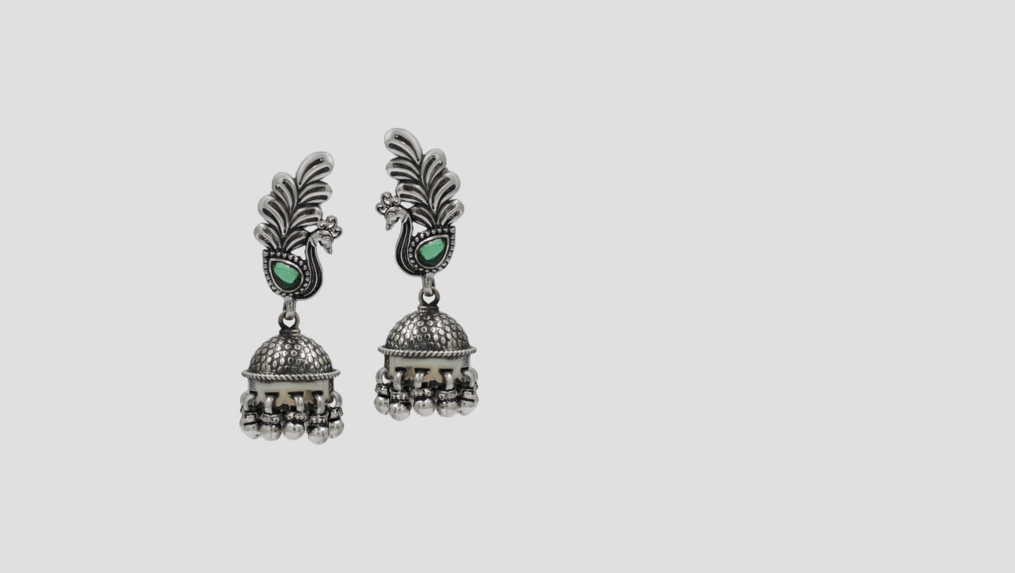 Sangeeta Boochra Peacock Motif Oxidised Silver Jhumka Earrings