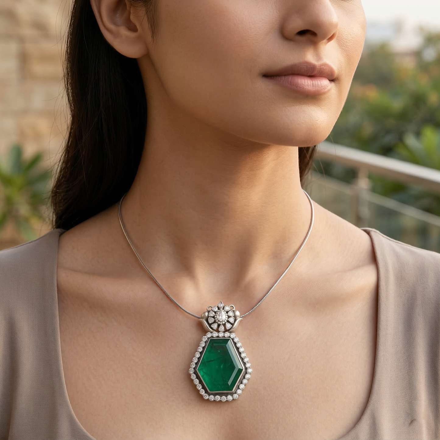Sangeeta Boochra Handcrafted Moissanite Pendant with Bold Green Gem