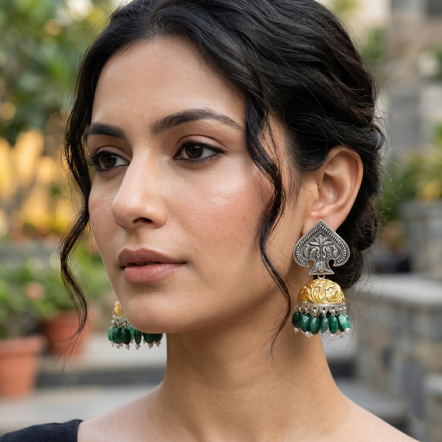 Sangeeta Boochra Dual Tone Green Bead Jhumka Earrings
