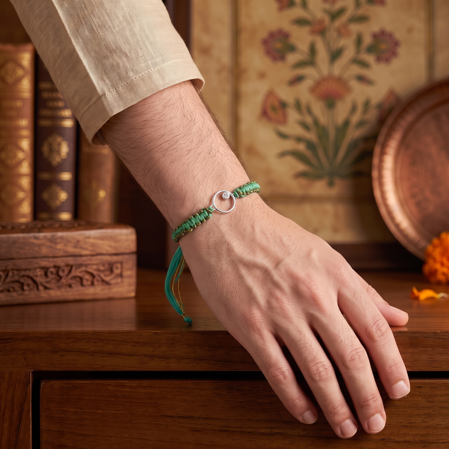 925 Sterling Silver Circle Rakhi with Green Thread | Sangeeta Boochra