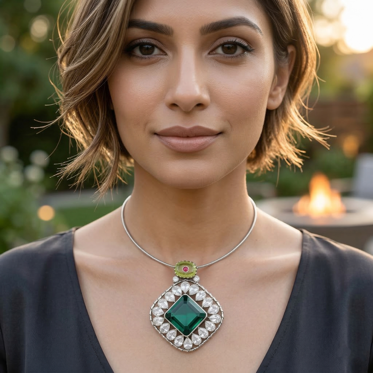 Sangeeta Boochra Emerald Bloom Moissanite Pendant
