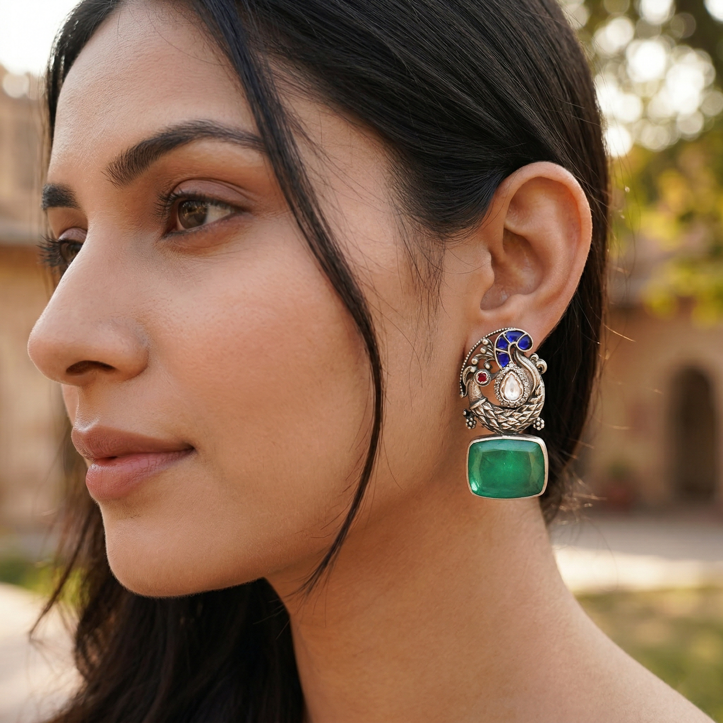 Sangeeta Boochra Oxidised Silver Peacock Motif Statement Earrings