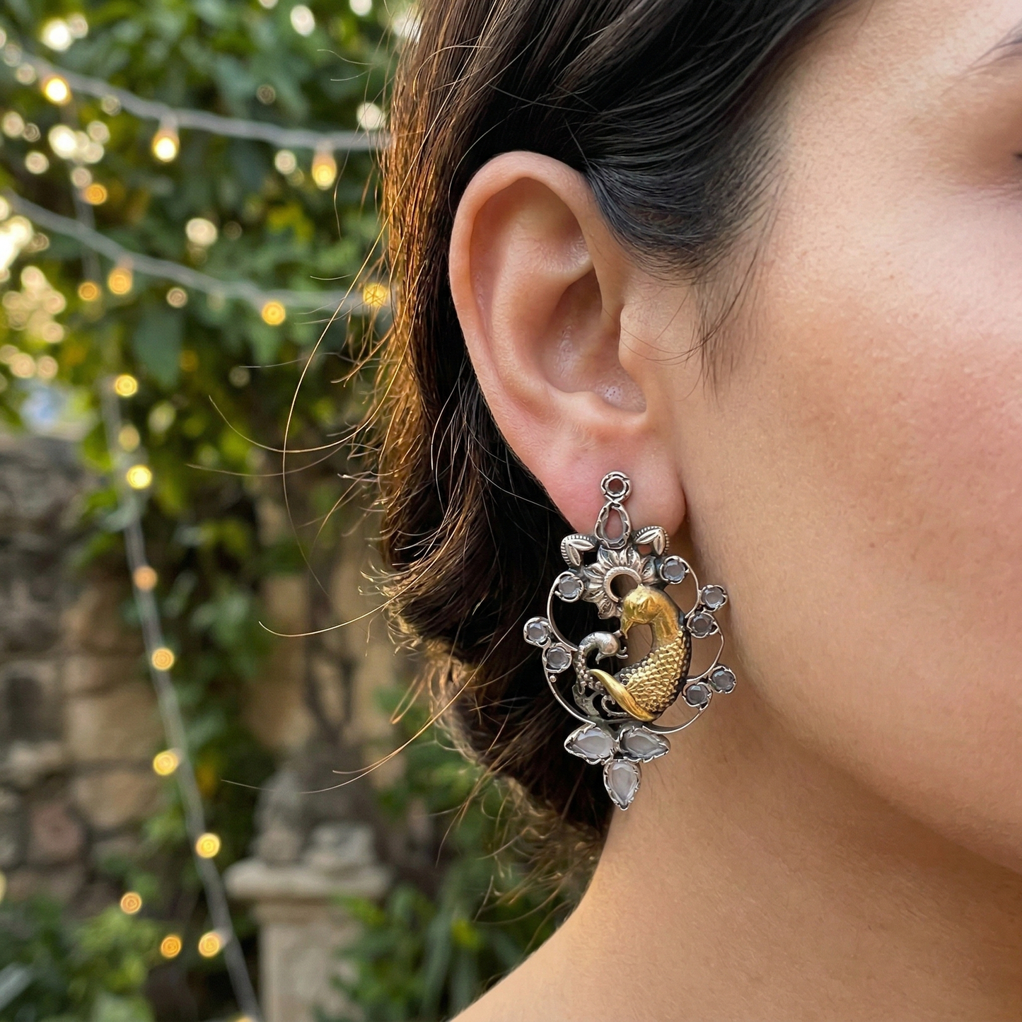 Sangeeta Boochra Handcrafted Peacock Dual-Plated Statement Earrings