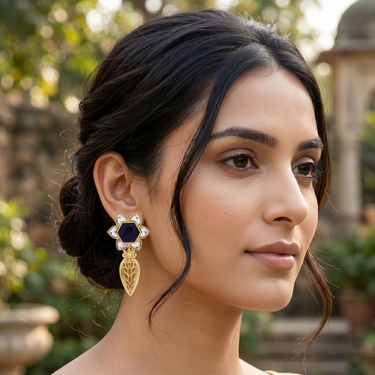 Sangeeta Boochra Handcrafted Gold Plated Silver Floral Statement Earrings with Kundan Detailing