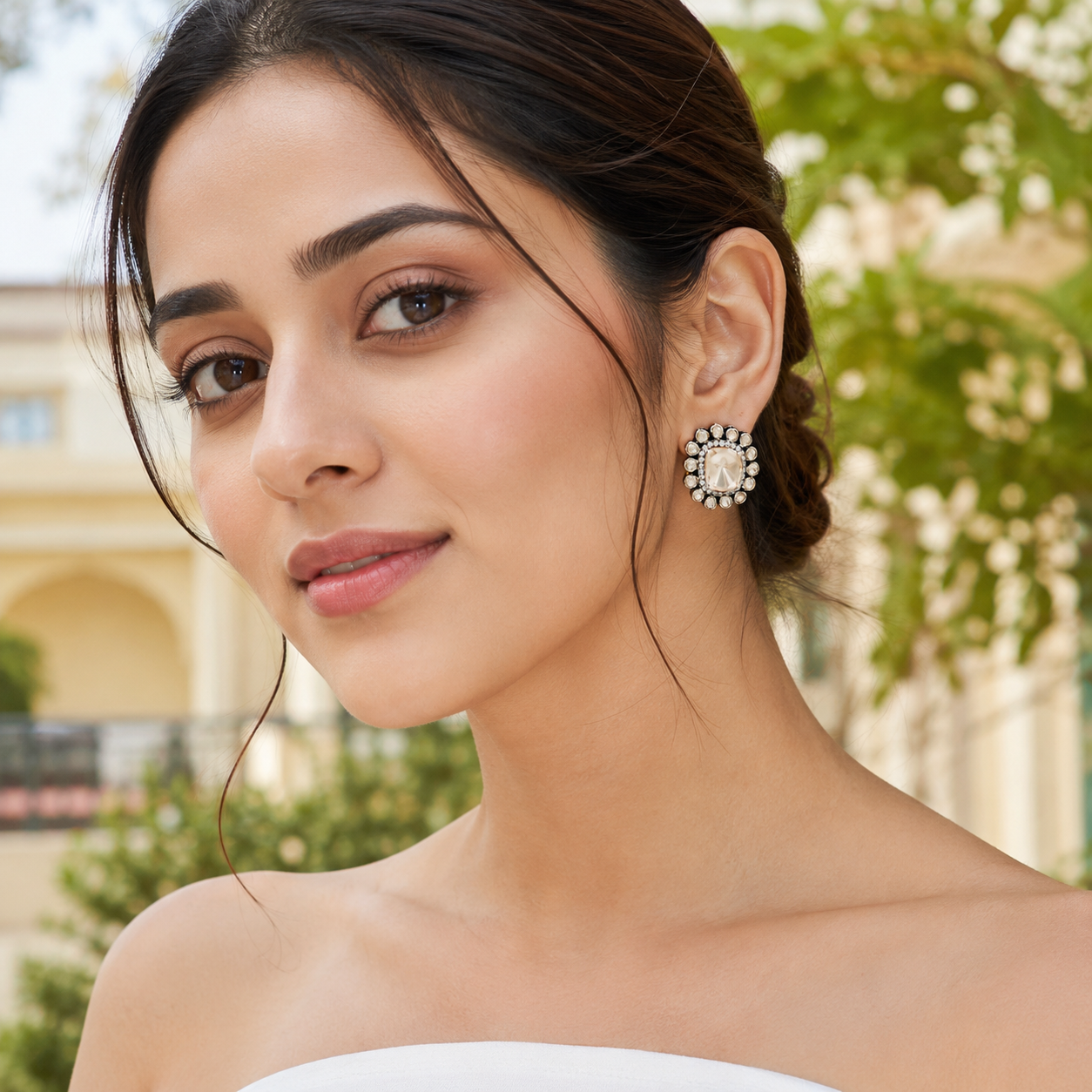 Sangeeta Boochra Artisan Sterling Silver Moissanite Floral Stud Earrings