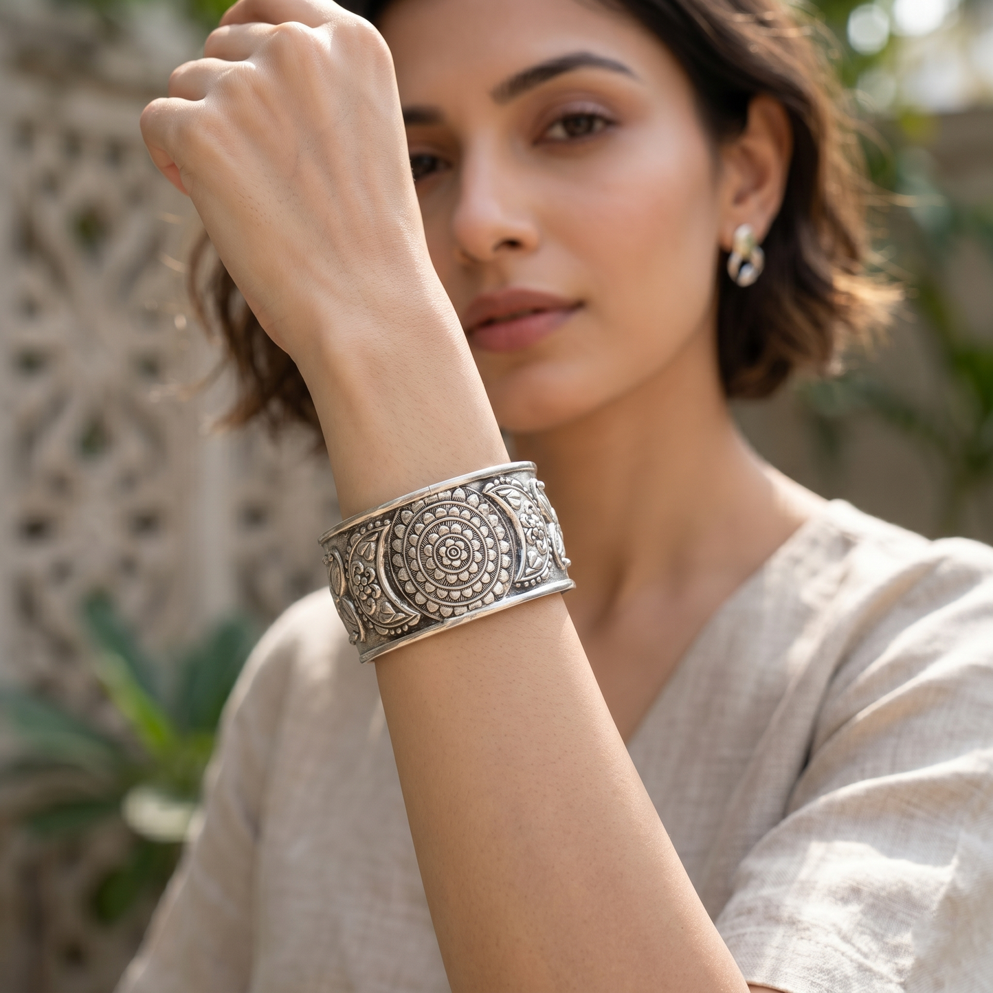 Sangeeta Boochra Floral Engraved Oxidised Silver Cuff