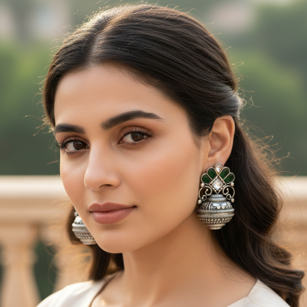 Sangeeta Boochra Green Kundan Floral Oxidised Silver Earrings