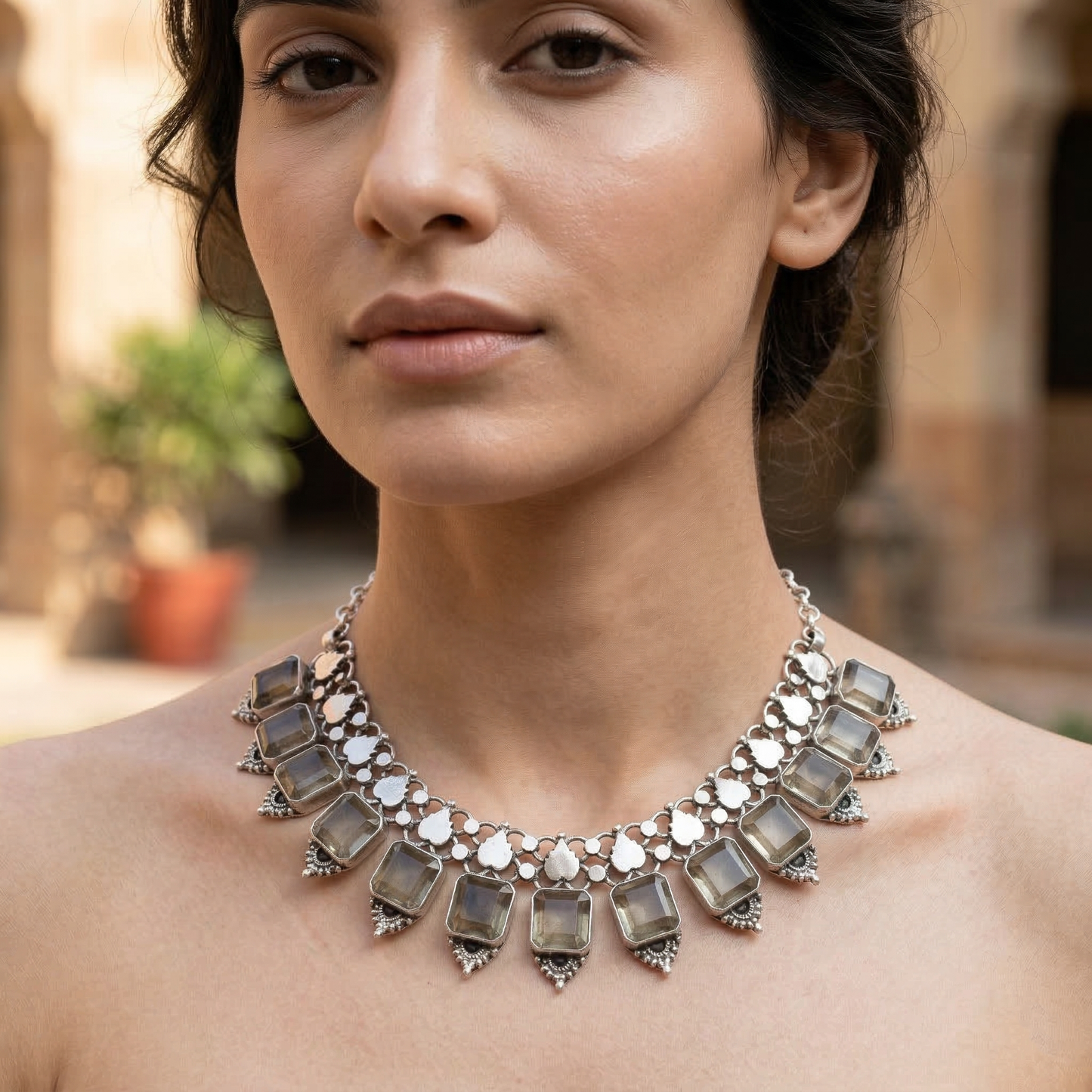 Sangeeta Boochra Handcrafted Silver Necklace with Smoky Quartz Drops
