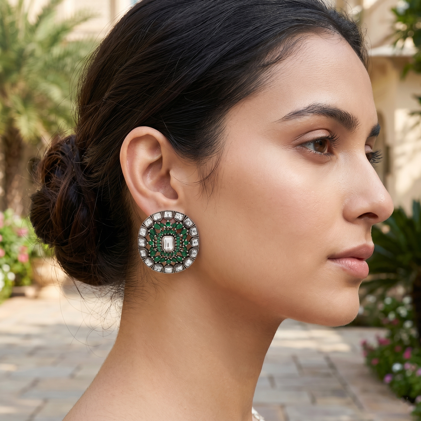 Sangeeta Boochra Classic Kundan Statement Earrings with Green Highlights