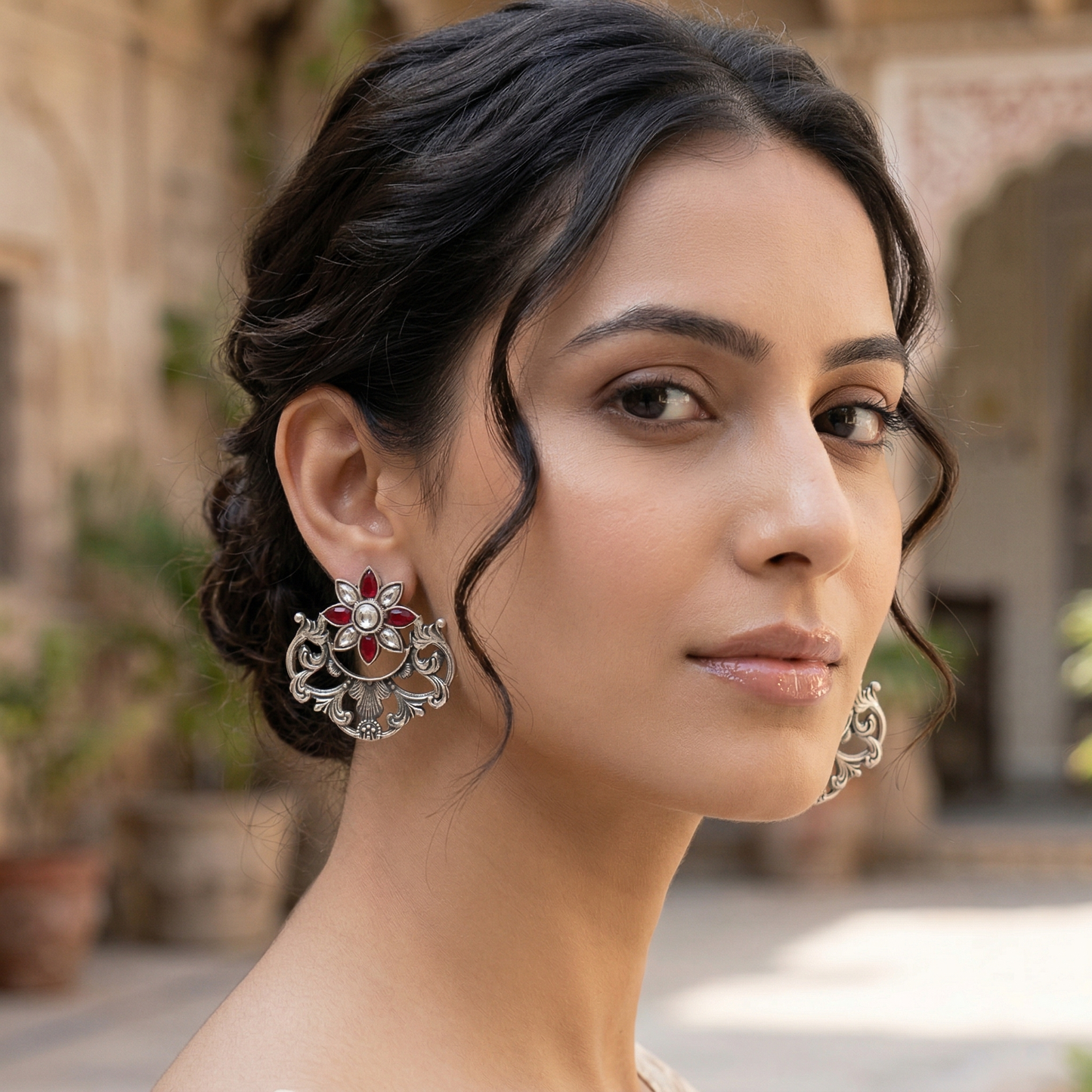 Sangeeta Boochra Oxidised Silver Floral Kundan Earrings