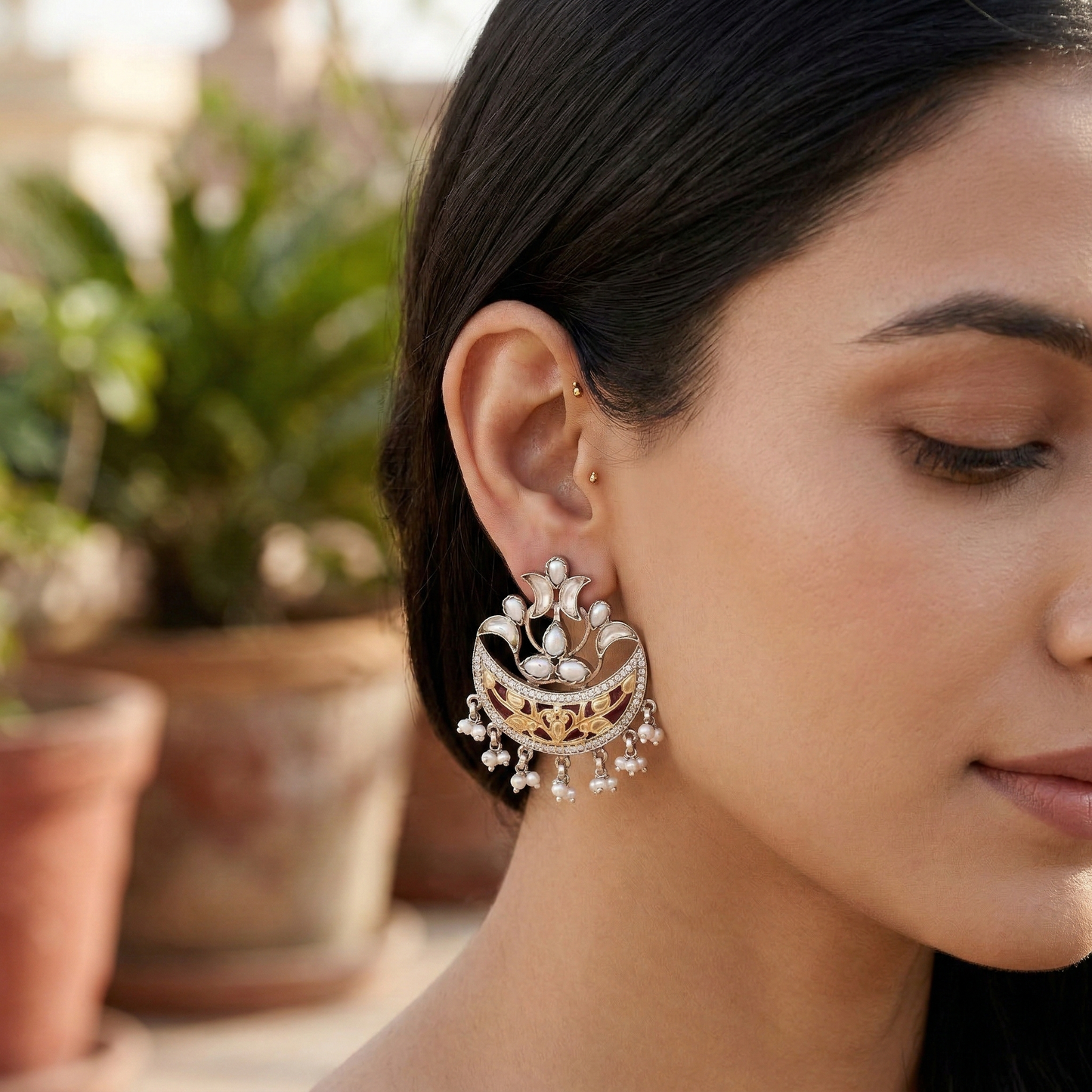Sangeeta Boochra Signature Dual Plated Silver Kundan & Pearl Statement Earrings
