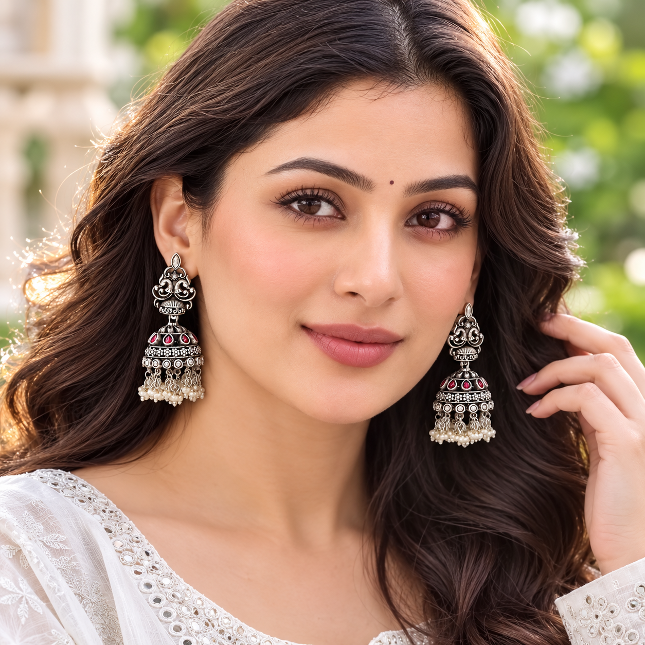 Sangeeta Boochra Peacock Motif Silver Jhumka Earrings with Ruby Kundan Stones & Pearl Hangings