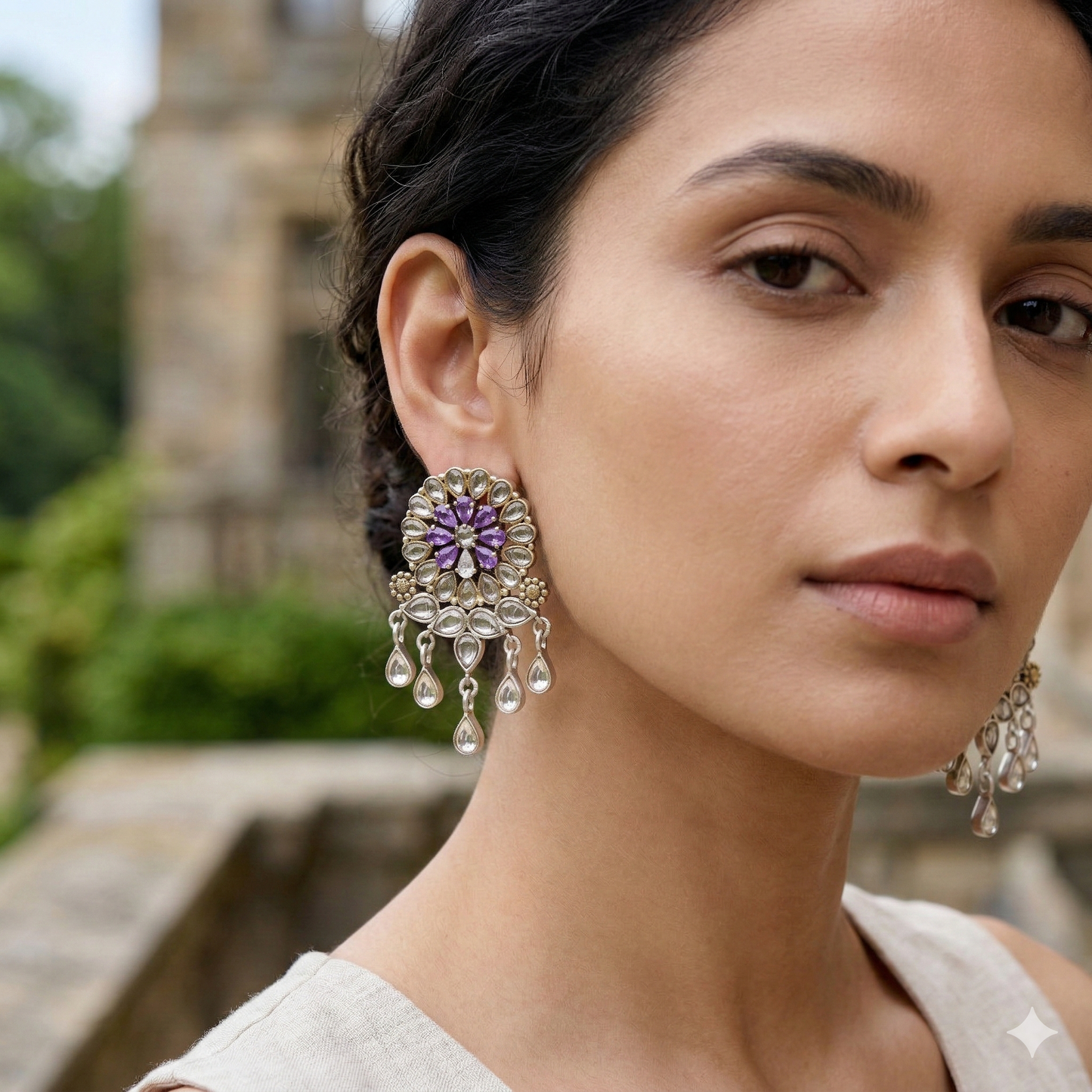 Sangeeta Boochra Artisan Dual Tone Silver Kundan Floral Earrings