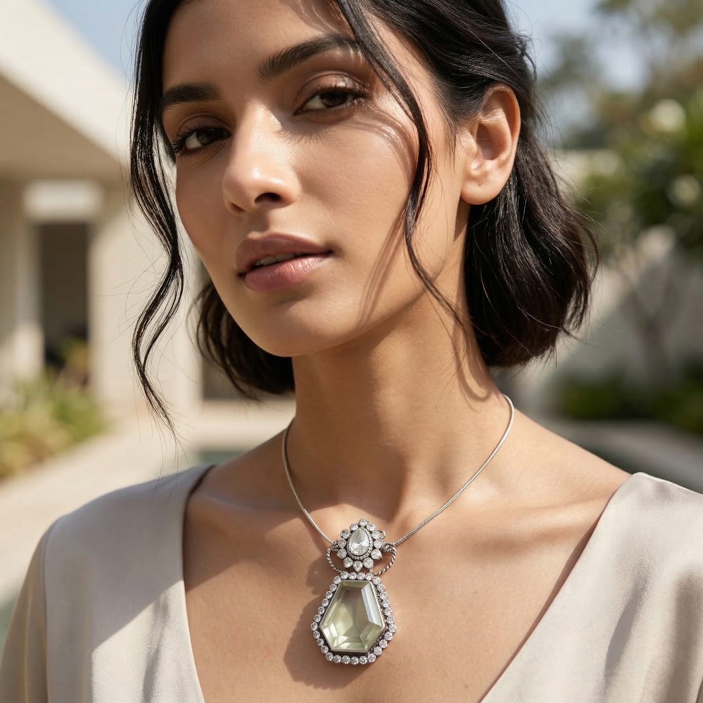 Sangeeta Boochra Handcrafted Moissanite Halo Silver Pendant