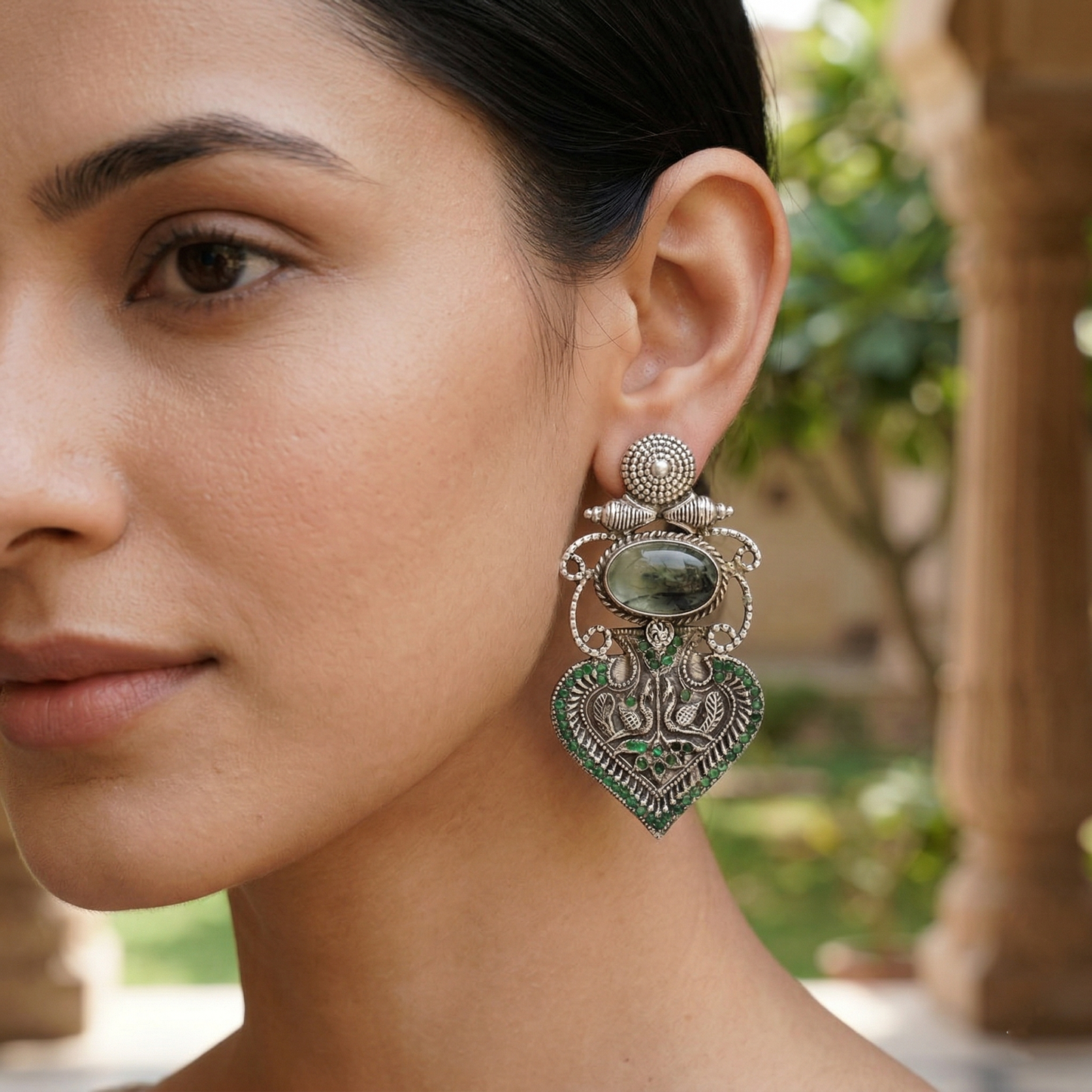 Sangeeta Boochra Heritage Oxidised Silver Green Stone Dangle Earrings