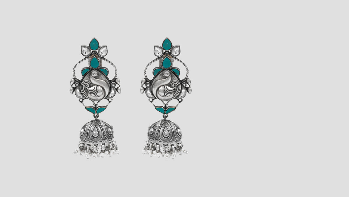 Peacock Grace Silver Jhumka Earrings | Sangeeta Boochra