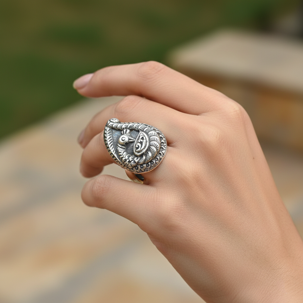 Sangeeta Boochra Handcrafted Tribal Peacock Silver Ring