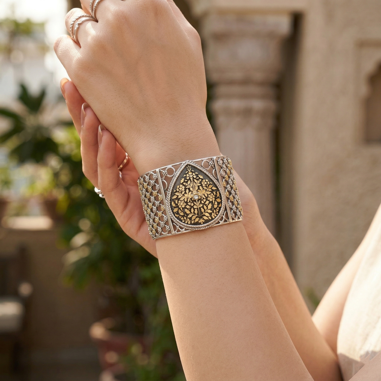 Sangeeta Boochra Dual-Tone Silver Statement Bangle – Intricate Floral Design