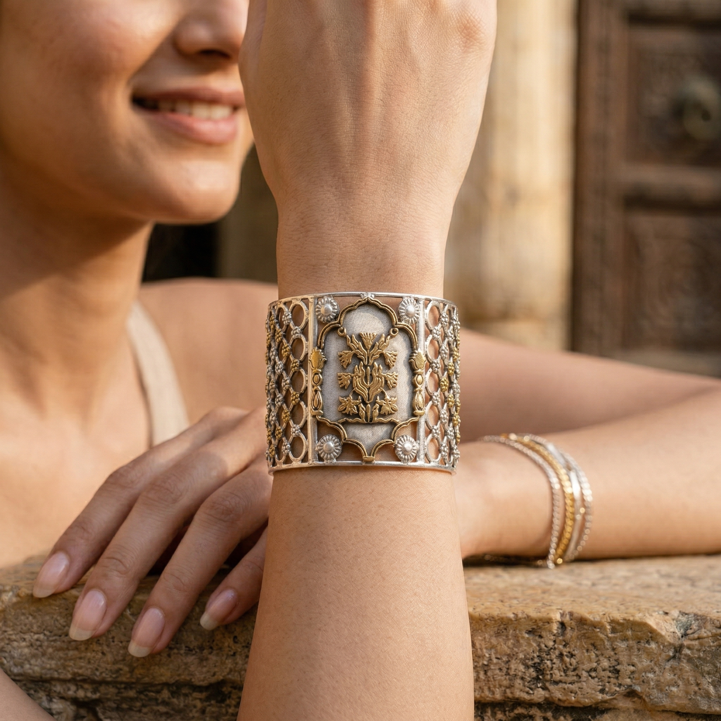 Sangeeta Boochra Dual-Tone Floral Openable Silver Bangle