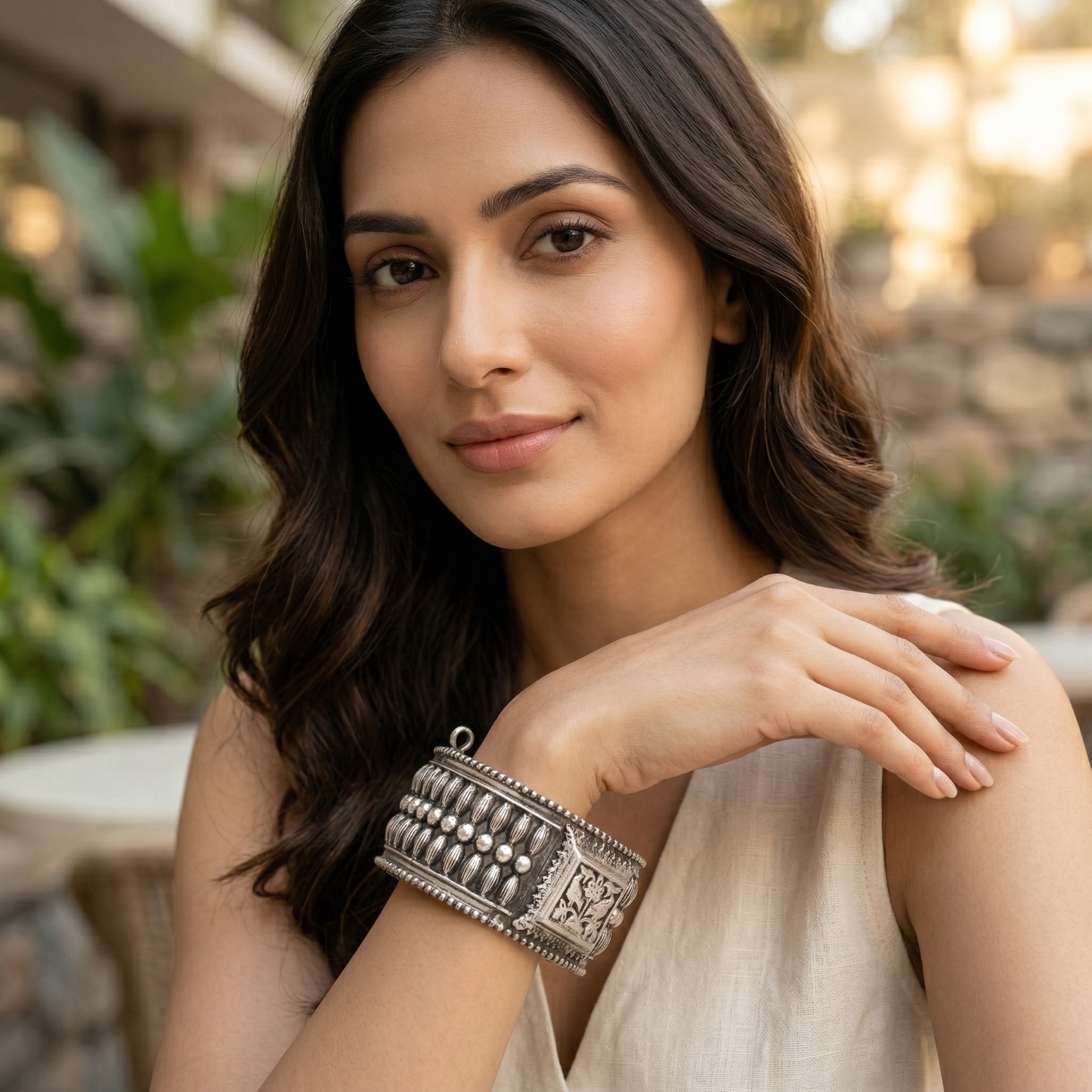 Sangeeta Boochra Handcrafted Textured Oxidised Silver Statement Bangle