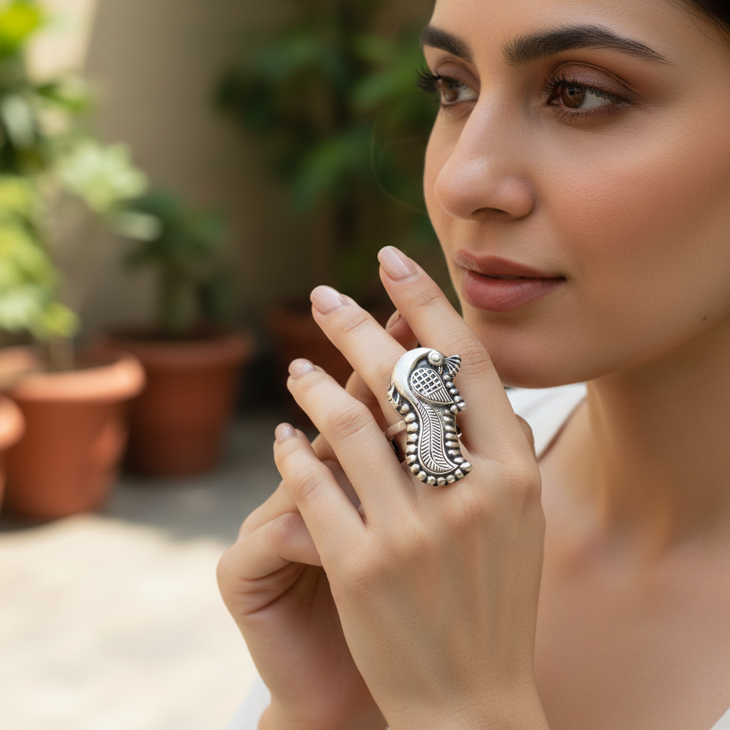 Heritage Peacock Design Adjustable Silver Ring – Sangeeta Boochra