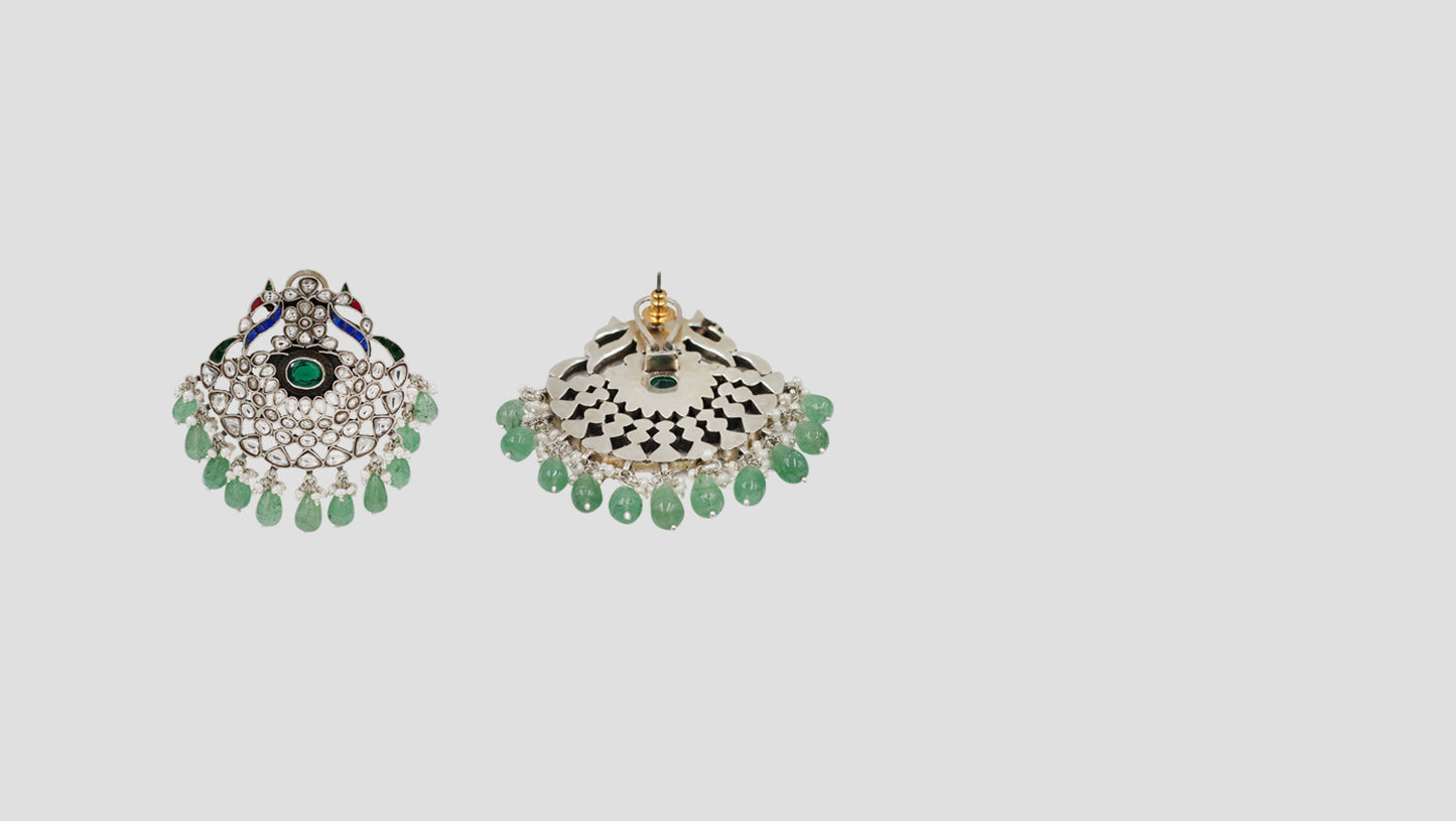 Sangeeta Boochra Handcrafted Peacock Motif Kundan Silver Earrings with Green Bead Drops