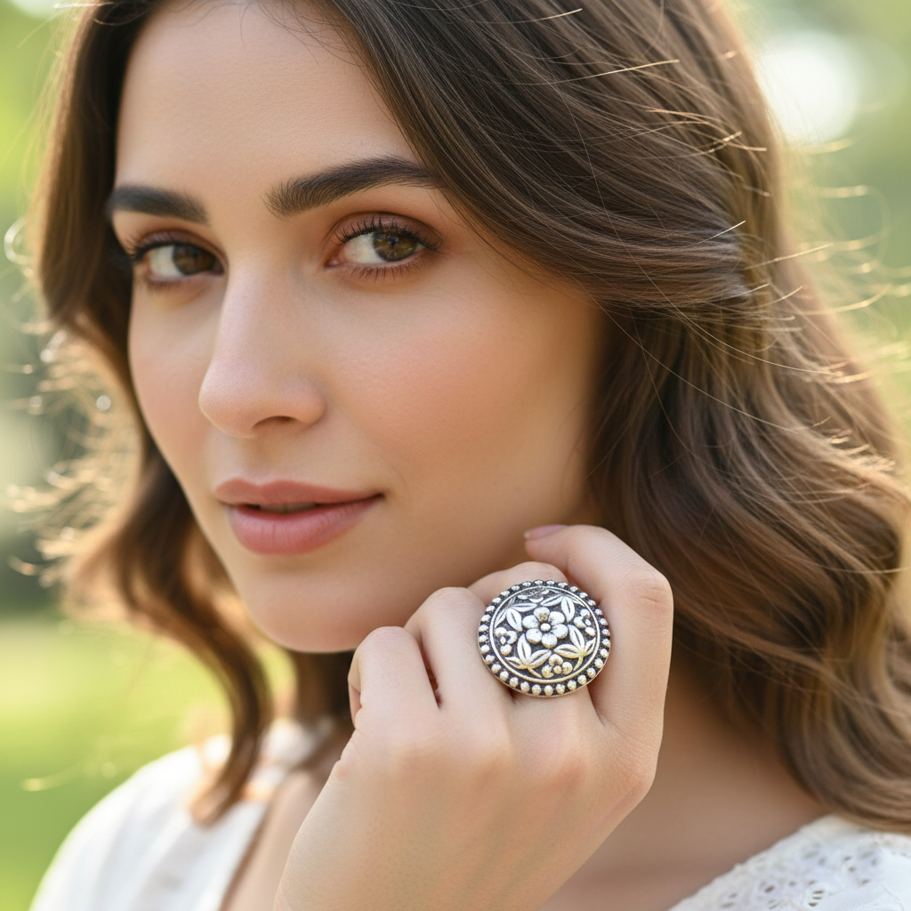 Sangeeta Boochra Floral Heritage Oxidised Silver Ring